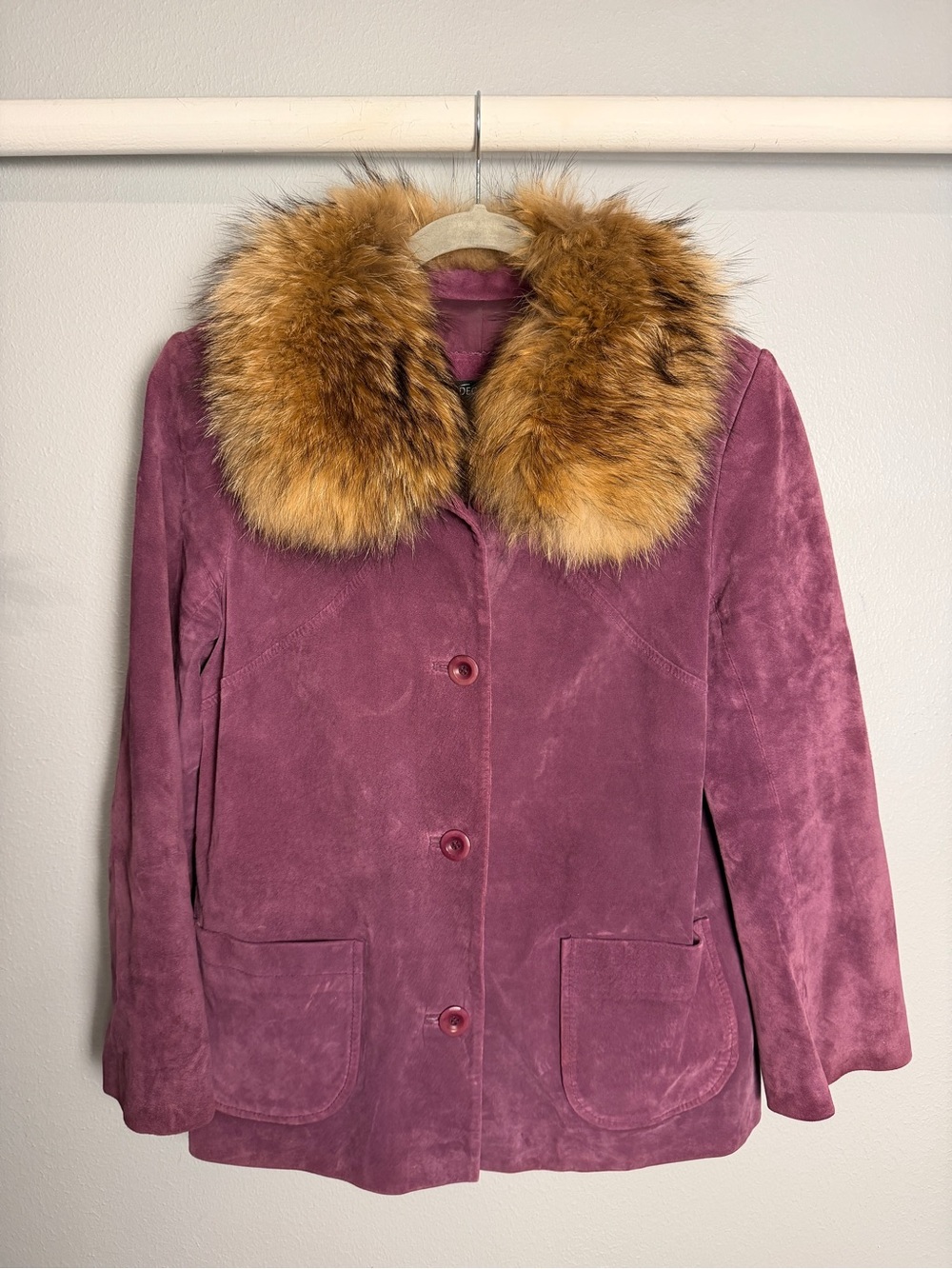 Rare Vintage Ideology Purple Suede Leather Jacket Fox Fur 70s Penny Lane Sz M